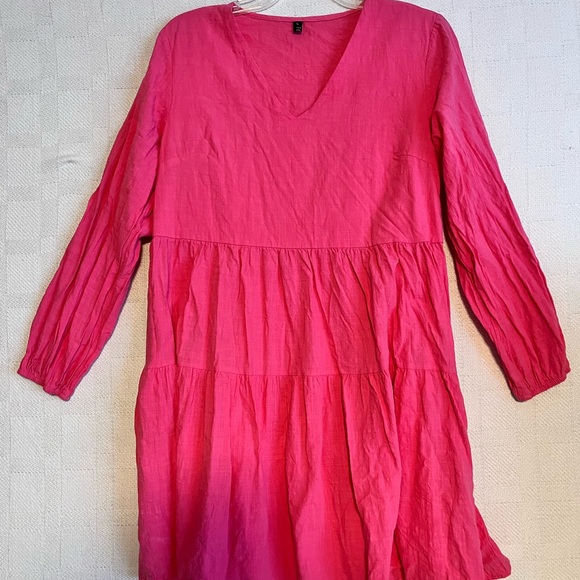 Yinn Women's Hot Pink V-Neck Tiered Long Sleeve Dress by Yinn - Picture 2 of 7